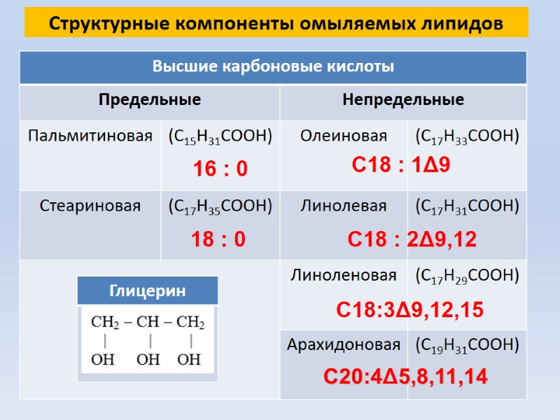 Структурные компоненты омыляемых липидов 16 : 0 18 : 0 С18 : 1Δ9 С18